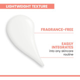 White serum texture swatch with lightweight, fragrance-free callouts