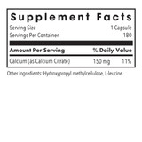 Calcium Citrate supplement facts, 150 mg calcium per capsule, 180 servings
