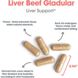 Liver Beef Glandular capsules, 0.94 inch, with sourcing and testing callouts