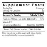 B12 Adenosylcobalamin supplement facts, 3000 mcg vitamin B12 and 333 mcg DFE folate per lozenge