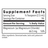 Solution of Magnesium supplement facts, 66.5 mg magnesium as magnesium chloride per 1/2 teaspoon