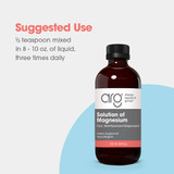 Solution of Magnesium bottle, suggested use 1/2 teaspoon in 8-10 oz of liquid three times daily