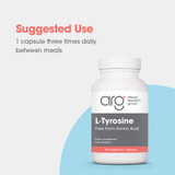 L-Tyrosine bottle with suggested use of 1 capsule three times daily between meals