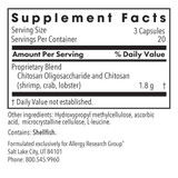 MicroChitosan supplement facts panel, 3 capsule serving, contains shellfish