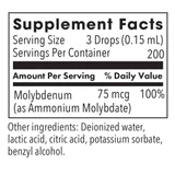 Molybdenum supplement facts panel, 3 drop serving, 200 servings