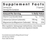 Buffered Vitamin C supplement facts, 2 capsule serving, 1 g vitamin C, 60 servings