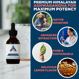 Ashwagandha Drops bottle, premium Himalayan ashwagandha graphic with sourcing images