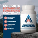 Guggal-Lip Plus bottle on navy with metabolism, heart, antioxidant and lipid care icons