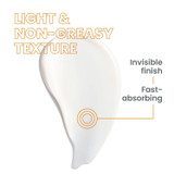 Swatch of the lotion, light and non-greasy texture, invisible finish, fast-absorbing