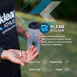 Hand holding capsules, Klean is clean graphic with gluten-free and vegan icons