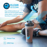 Athlete stretching with a shaker bottle, Klean is clean graphic, GMO-free, no wheat, gluten or artificial additives