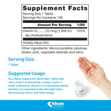 KLEAN-D supplement facts, 25 mcg vitamin D3 per tablet, with serving size and suggested use