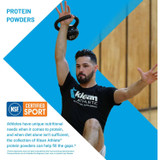 Man swinging a kettlebell, Klean Athlete protein powders graphic
