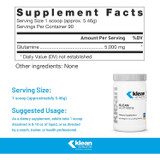 Klean Glutamine supplement facts with 5,000 mg per scoop and suggested usage
