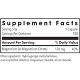 Magnesium Citrate supplement facts panel, 170 mg per capsule, 180 servings