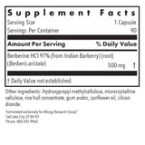 Berberine 500 supplement facts panel, 500 mg per capsule, 90 servings