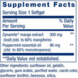 Brain Fog Relief supplement facts, 300 mg Zynamite mango leaf extract and 90 mg peppermint oil