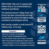 Mega Green Tea Extract directions and warnings with made in the USA, gluten free and non-GMO icons