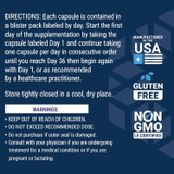 Directions and warnings with made in USA, gluten free and non-GMO icons