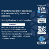 Bio-Quercetin directions and warnings with made in USA, gluten-free, non-GMO and 1 daily icons