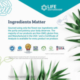 Life Extension ingredients matter graphic with certification logos and green leaves