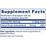Liquid Vitamin D3 supplement facts, 50 mcg vitamin D3 per drop, about 850 servings