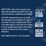 Directions and caution text with made in the USA, gluten free and non-GMO badges