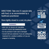 Directions and warnings with made in the USA, gluten-free and non-GMO badges