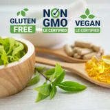 Capsules and leaves with gluten free, non-GMO and vegan icons