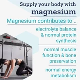 Woman exercising, magnesium contributes to electrolyte balance, muscle function and energy graphic