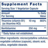Mega Benfotiamine supplement facts, 10 mg thiamine and 250 mg benfotiamine per capsule