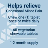 Discomfort Relief dosage graphic, chew 1 tablet once or twice daily, 60 vegetarian chewable tablets, 1-2 month supply