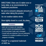 FLORASSIST Prebiotic Chewable directions and warnings with made in USA, gluten free and non-GMO icons