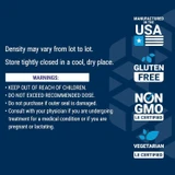 Effervescent Vitamin C Magnesium Crystals storage and warnings with made in USA, gluten free and non-GMO icons