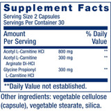 Optimized Carnitine supplement facts with acetyl L-carnitine, arginate and glycine propionyl L-carnitine