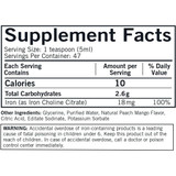 Iron Liquid supplement facts, 18 mg iron as iron choline citrate per 5 mL teaspoon, with warning