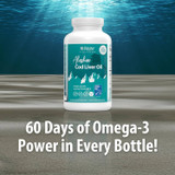 Alaskan Cod Liver Oil bottle underwater, 60 days of omega-3 in every bottle