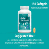 Alaskan Cod Liver Oil bottle and softgel, suggested use 3 softgels with breakfast or lunch