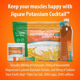 Potassium Cocktail jar, pouch, stick pack and drink with key mineral amounts
