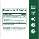 MegaFood Zinc supplement facts, 22.5 mg zinc bisglycinate and 44 mg food blend, with certification icons