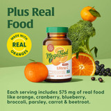 Ultra C bottle with oranges, broccoli and berries, plus real food graphic