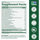 Women's Advanced Multivitamin supplement facts per 2 tablets, with certification icons