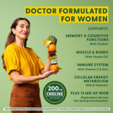Woman holding produce, doctor formulated for women graphic with 200 mg choline