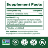Ultra C supplement facts , 400 mg vitamin C and 575 mg food blend, with certification icons