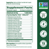 MegaFlora Kids supplement facts , 14-strain blend, 5 billion CFU, with certification icons