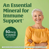 Smiling woman, an essential mineral graphic, 50 mcg of selenium per serving