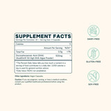 Ora Head and Heart supplement facts with dairy-free, gluten-free and soy-free icons