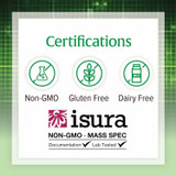 Non-GMO, gluten free and dairy free certifications with isura seal graphic