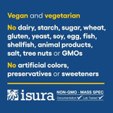 Vegan and vegetarian free-from list with isura non-GMO mass spec seal