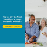 Older couple cooking vegetables, third party certified ingredients graphic